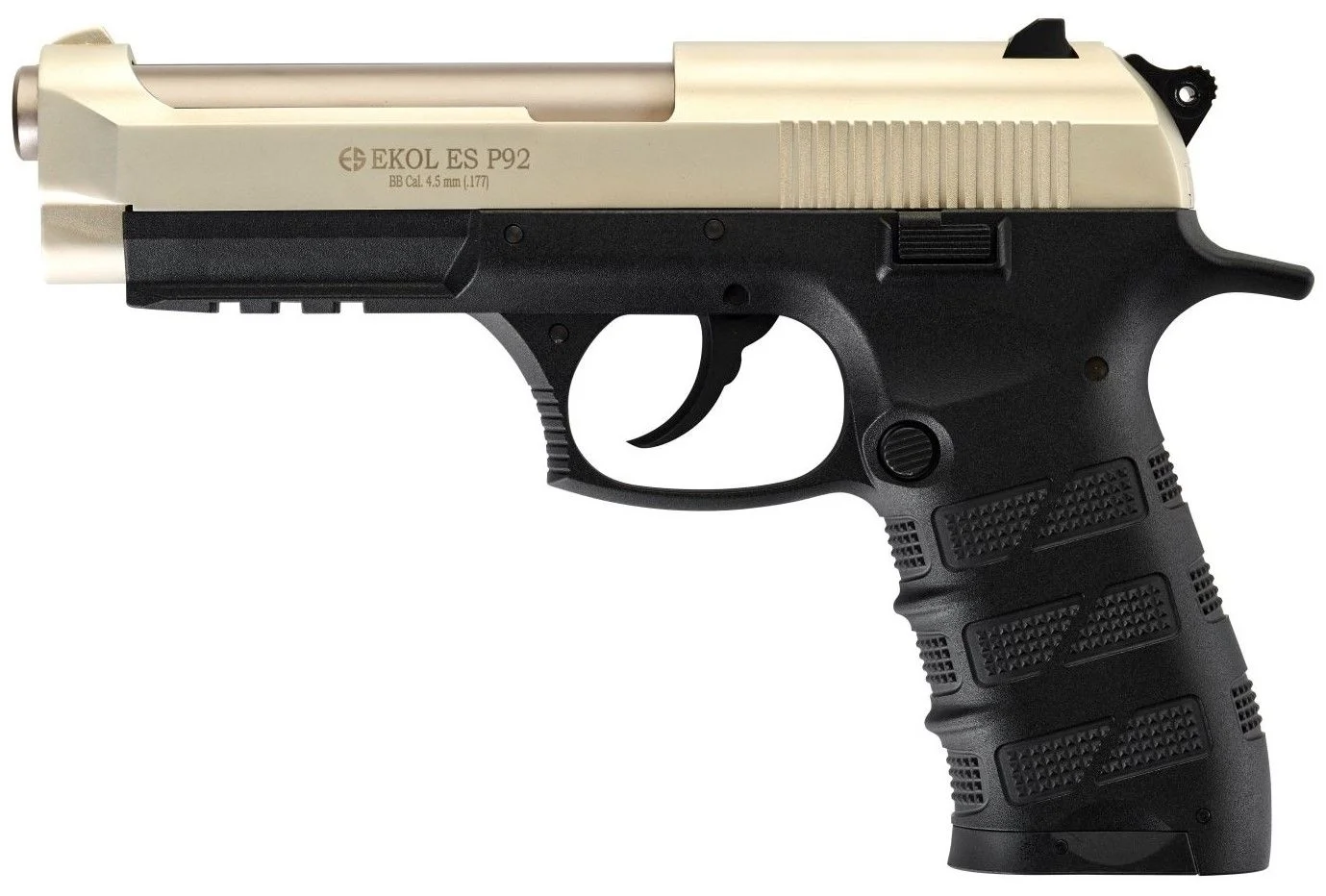 Ekol Es P92 Saten Havalı Tabanca Ekol Es P92 saten renkli, 4.5 mm çelik bilye atan CO2 havalı tabanca.