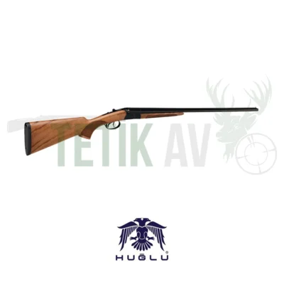 Huğlu 202 B Siyah 12 Kalibre çifte kırma av tüfeği, ceviz kundaklı ve çift tetikli.