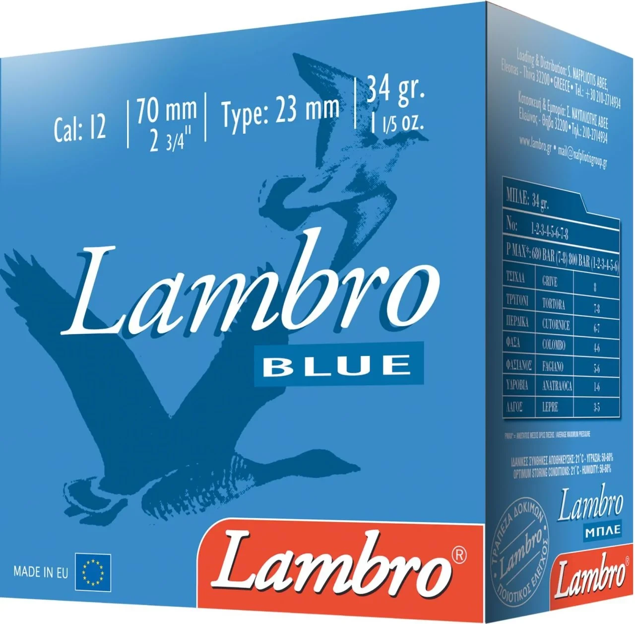 Lambro Blue 34 Gr. 12 Kalibre Lambro Blue 34 gram 12 kalibre yüksek performanslı ağır yük av fişeği.