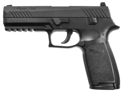 Sig Sauer P320 siyah blowback 4.5mm havalı tabanca, metal sürgülü atış ve eğitim silahı.