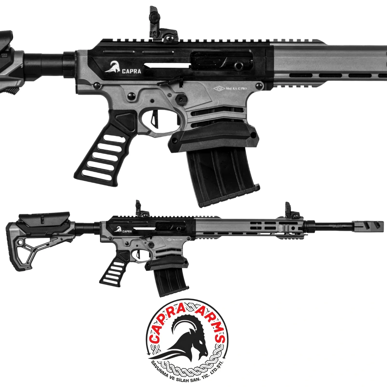 Capra Arms KA-12 PRO Gri Capra Arms KA-12 PRO gri renkli 12 kalibre şarjörlü yarı otomatik taktik av tüfeği.