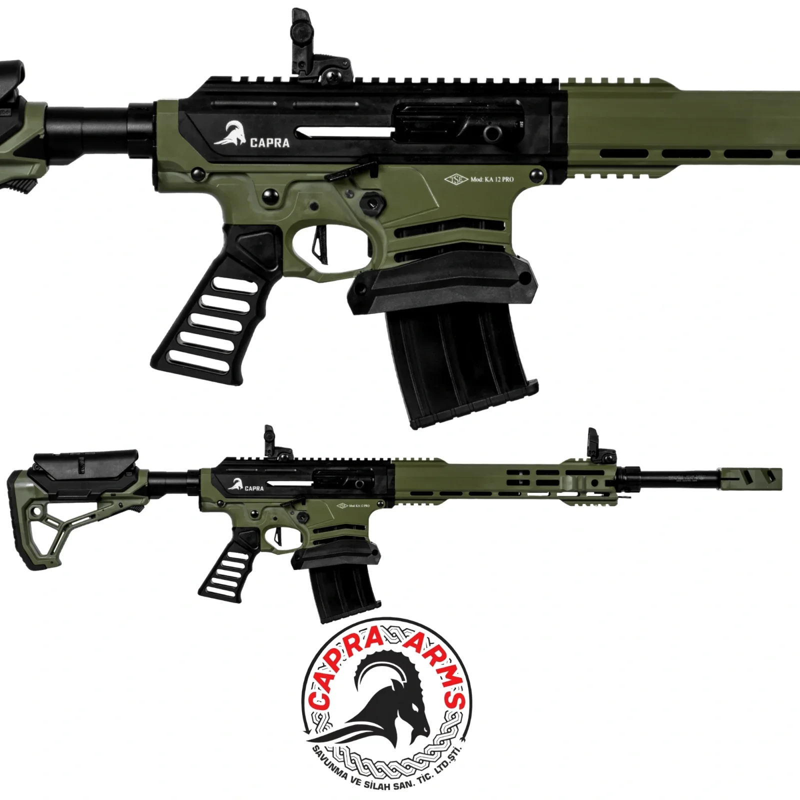 Capra Arms KA-12 PRO Haki Capra Arms KA-12 PRO haki renkli 12 kalibre taktik şarjörlü yarı otomatik av tüfeği.