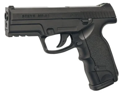 ASG Steyr M9-A1 siyah 4.5mm CO2 havalı tabanca, 3.3 Joule yüksek güçlü atış performansı.