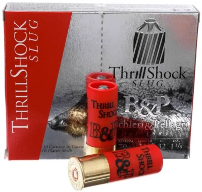 B&P Thrill Shock 12 kalibre tek kurşun, yüksek tahribatlı domuz kurşunu ve slug av fişeği.