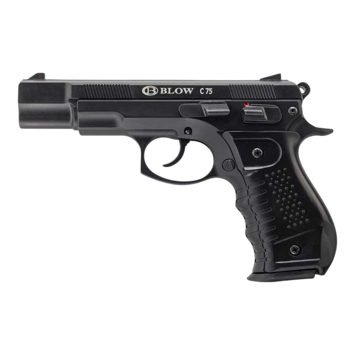Blow C75 Siyah 9mm Kurusıkı Blow C75 Siyah 9mm kurusıkı ses tabancası, CZ-75 tasarımlı 17+1 kapasiteli taktik savunma modeli.