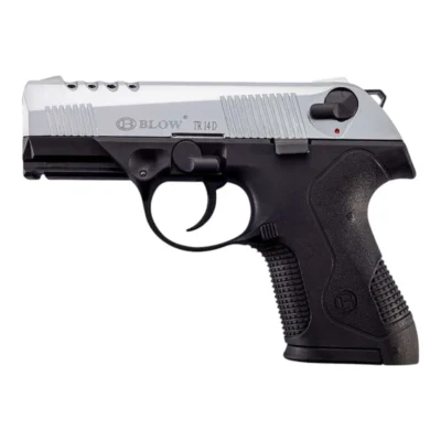 Taktik atıcılık için Blow TR14 D krom kızaklı 9mm yarı otomatik kurusıkı ses tabancası.
