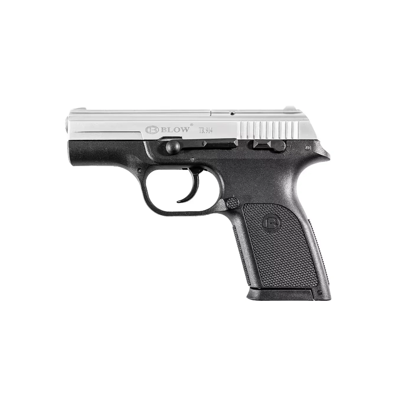 Blow TR914 krom 9mm kalibre yarı otomatik kurusıkı ses tabancası, 14+1 kapasiteli taktik silah.