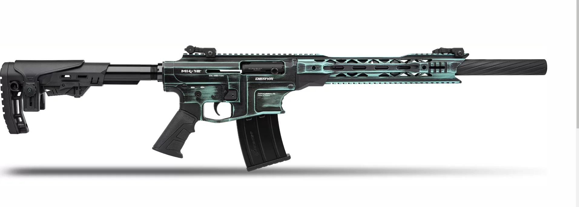 Derya MK-12 AS-113SE Şarjörlü Tüfek Turkuaz eskitme kaplamalı Derya MK-12 AS-113SE 12 kalibre yarı otomatik şarjörlü av tüfeği.