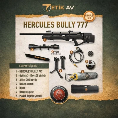 Hatsan Hercules Bully 777 PCP havalı tüfek kampanyalı full set ve taktik atış aksesuarları.
