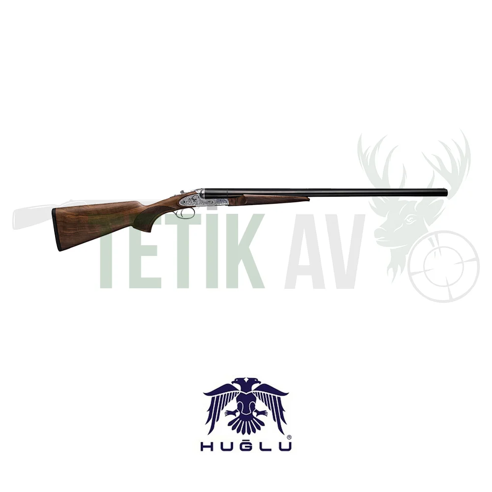 Huğlu 200 Ace GR5 12 kalibre çifte av tüfeği, ceviz kundak ve gravürlü gövde.