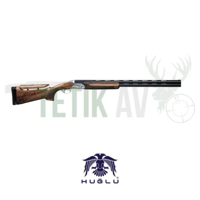Huğlu HT-14 beyaz dövme çelik gövdeli, ayarlı tabanlı 12 kalibre süperpoze trap tüfeği.