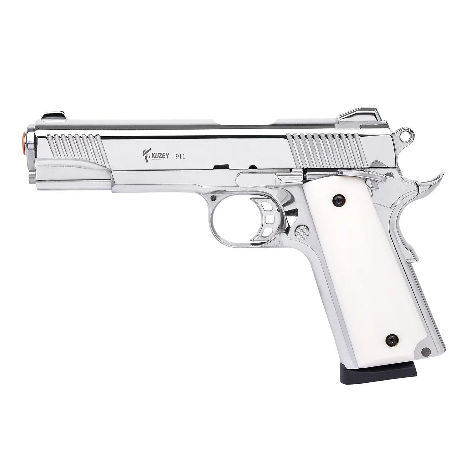Kuzey 911 Parlak Krom Kurusıkı Tabanca Kuzey 911 parlak krom 9mm kurusıkı ses tabancası, sedef kabze tasarımıyla yüksek performans sunar.