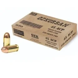 Özkursan 45 ACP 230 Grain FMJ çelik kovanlı tabanca fişeği ve poligon mühimmatı.