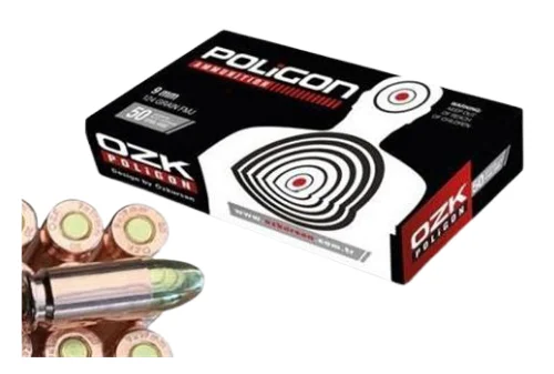 Özkursan 9x19mm Parabellum Luger poligon tabanca fişeği, 124 grain FMJ hedef atıcılığı mermisi