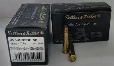 Sellier & Bellot .30 M1 Carbine FMJ 110 Grain yivli tüfek fişeği.