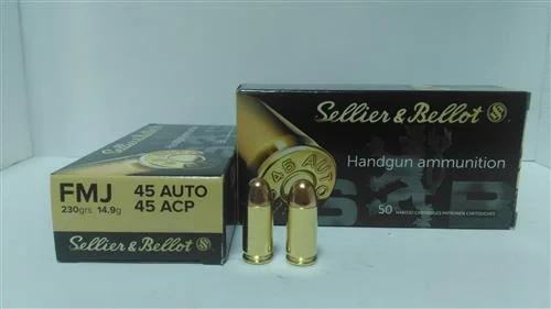 Sellier & Bellot .45 ACP Fişek Sellier & Bellot .45 ACP FMJ 230 grain tabanca fişeği, poligon ve eğitim mühimmatı.