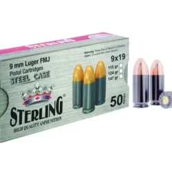 Sterling 9x19 Luger FMJ 115 Grn çelik kovan tabanca mermisi atış ve eğitim için.
