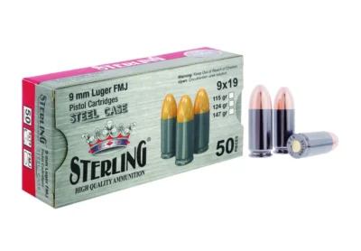 Sterling 9x19 Luger FMJ 115 Grn çelik kovan tabanca mermisi atış ve eğitim için.