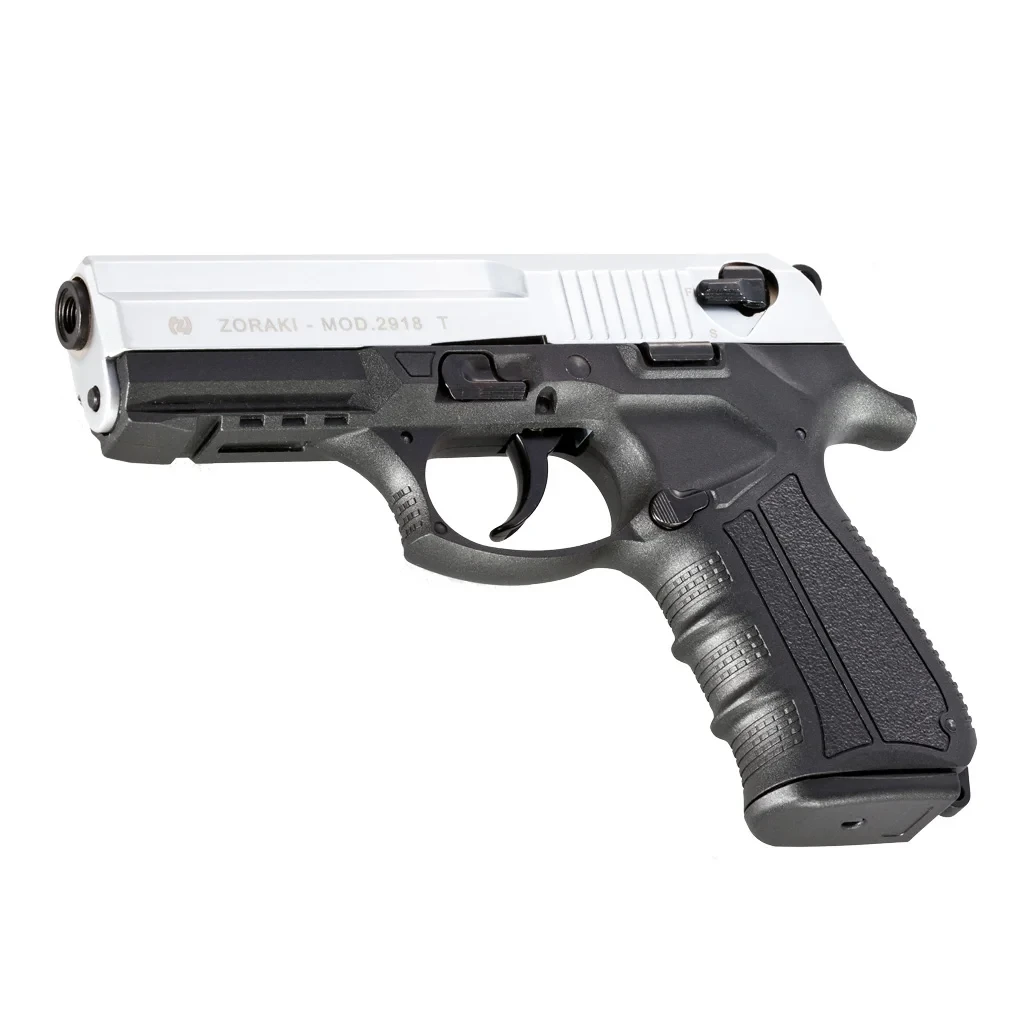 Zoraki 2918-T 9mm yarı otomatik kurusıkı ses tabancası mat krom renk seçeneğiyle.