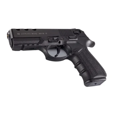 Zoraki 4918 9mm yarı otomatik kurusıkı ses tabancası, 18+1 kapasiteli polimer gövdeli taktik model.