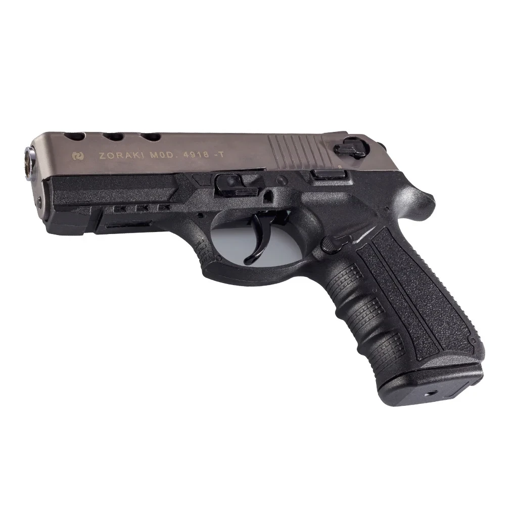 Zoraki 4918 9mm yarı otomatik kurusıkı ses tabancası, füme renkli.