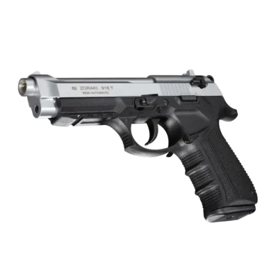 Zoraki 918 9mm yarı otomatik mat krom kurusıkı ses tabancası, polimer gövde tasarımı.