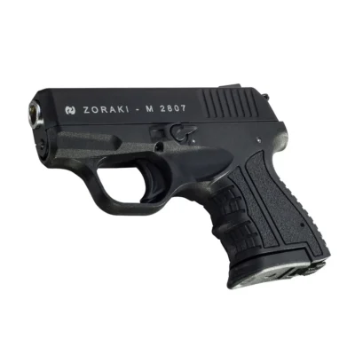 Zoraki M2807 9mm yarı otomatik kurusıkı ses tabancası, çelik takviyeli kompakt tasarım.