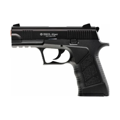 Ekol Alper 9mm siyah kurusıkı ses tabancası, polimer gövde ve 14+1 şarjör kapasitesi.