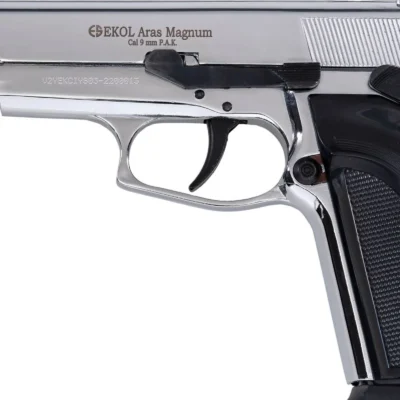 9mm kalibreli parlak beyaz Ekol Aras Magnum yarı otomatik kurusıkı ses tabancası.