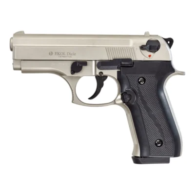 Ekol Dicle 9mm yarı otomatik kurusıkı ses tabancası parlak krom beyaz varyasyonu.