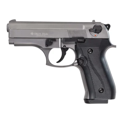 Ekol Dicle 9mm kurusıkı ses tabancası, parlak krom ve saten kaplamalı dayanıklı gövde.