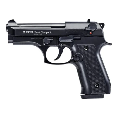 Ekol Fırat Compact 9mm mat siyah kurusıkı ses tabancası, gerçekçi ağırlık ve taktik tasarım.