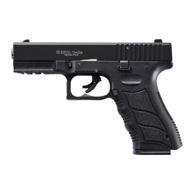 Ekol Gediz 9mm yarı otomatik mat siyah kurusıkı ses tabancası, polimer gövdeli taktik eğitim silahı.