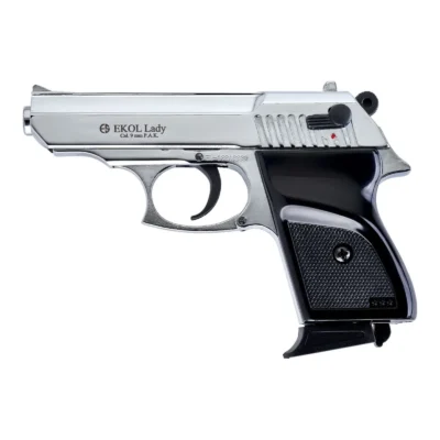 Ekol Lady 9mm kurusıkı ses tabancası parlak beyaz modeli, kompakt tasarım ve gerçekçi mekanizma.