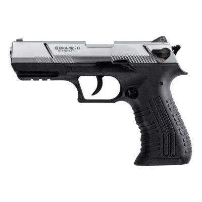 Ekol Nig 211 9mm kalibre parlak beyaz kurusıkı ses tabancası, yüksek kapasiteli taktik eğitim silahı.